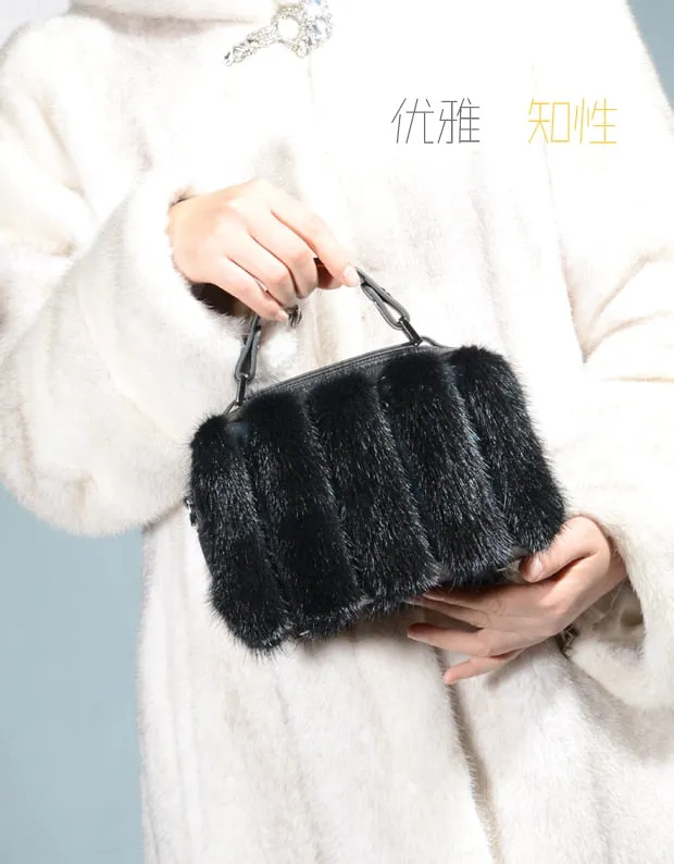 Winter Mink Fur Women European And American Furry Shoulder Double Zipper Square Casual Handbag