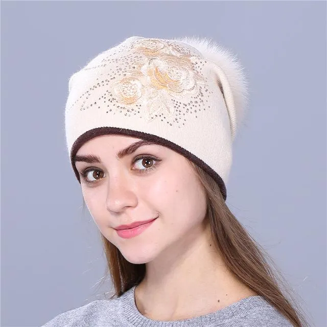 Winter Rabbit Fur Wool Knitted Mink Hat with Shining Rhinestone for Women