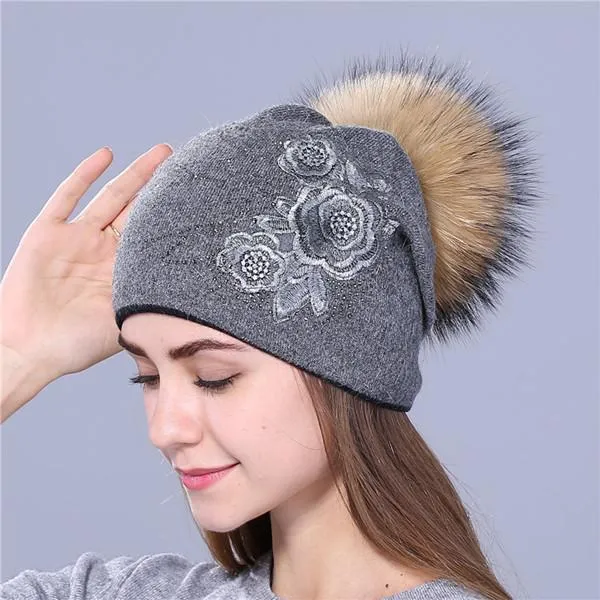 Winter Rabbit Fur Wool Knitted Mink Hat with Shining Rhinestone for Women