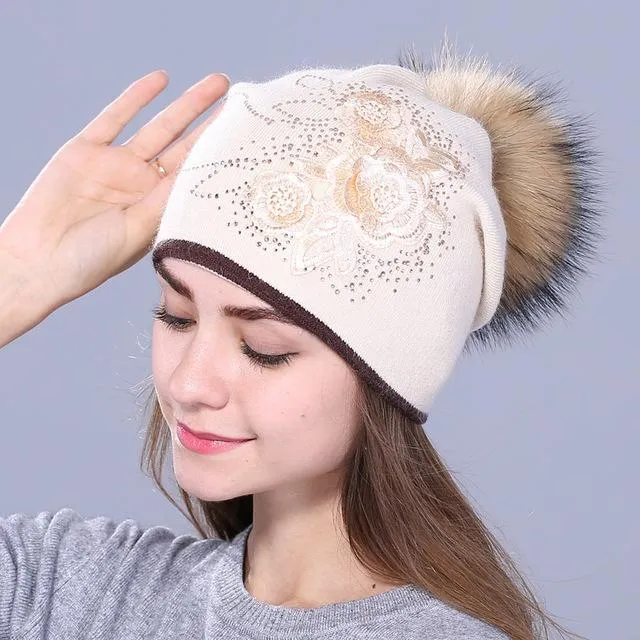 Winter Rabbit Fur Wool Knitted Mink Hat with Shining Rhinestone for Women