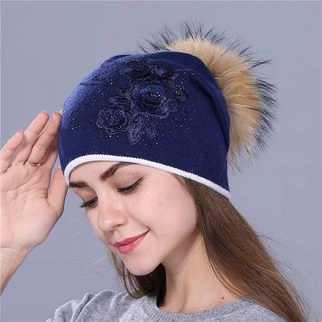 Winter Rabbit Fur Wool Knitted Mink Hat with Shining Rhinestone for Women