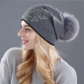 Winter Rabbit Fur Wool Knitted Mink Hat with Shining Rhinestone for Women