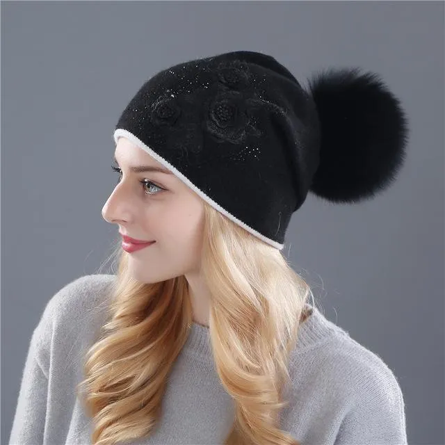 Winter Rabbit Fur Wool Knitted Mink Hat with Shining Rhinestone for Women