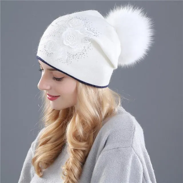 Winter Rabbit Fur Wool Knitted Mink Hat with Shining Rhinestone for Women