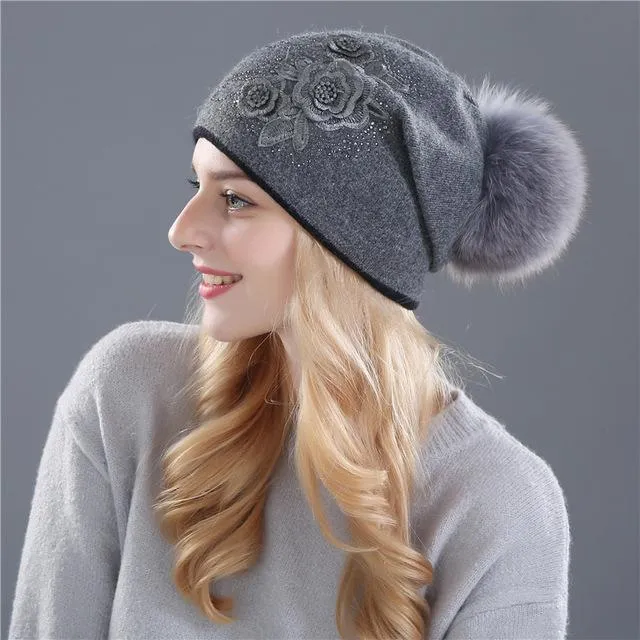 Winter Rabbit Fur Wool Knitted Mink Hat with Shining Rhinestone for Women