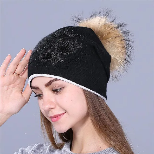 Winter Rabbit Fur Wool Knitted Mink Hat with Shining Rhinestone for Women