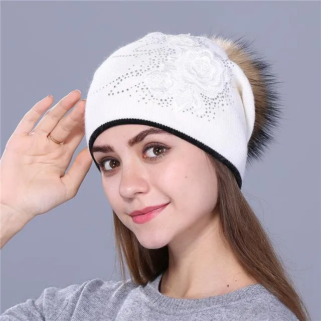 Winter Rabbit Fur Wool Knitted Mink Hat with Shining Rhinestone for Women