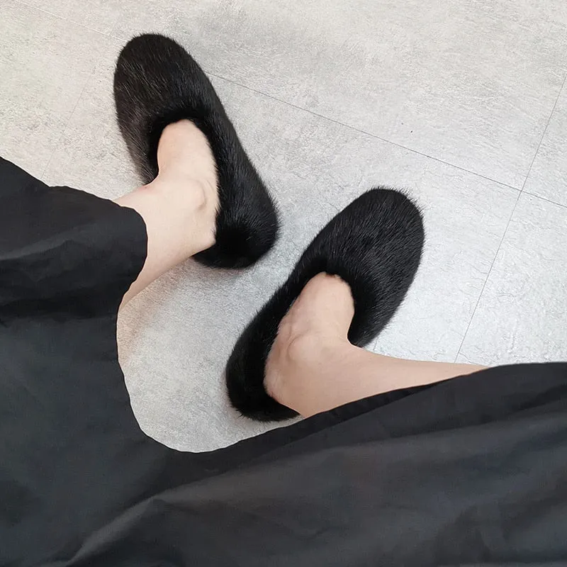 Women's Black Designer Warm Winter Fashion Fur Flat House Slippers