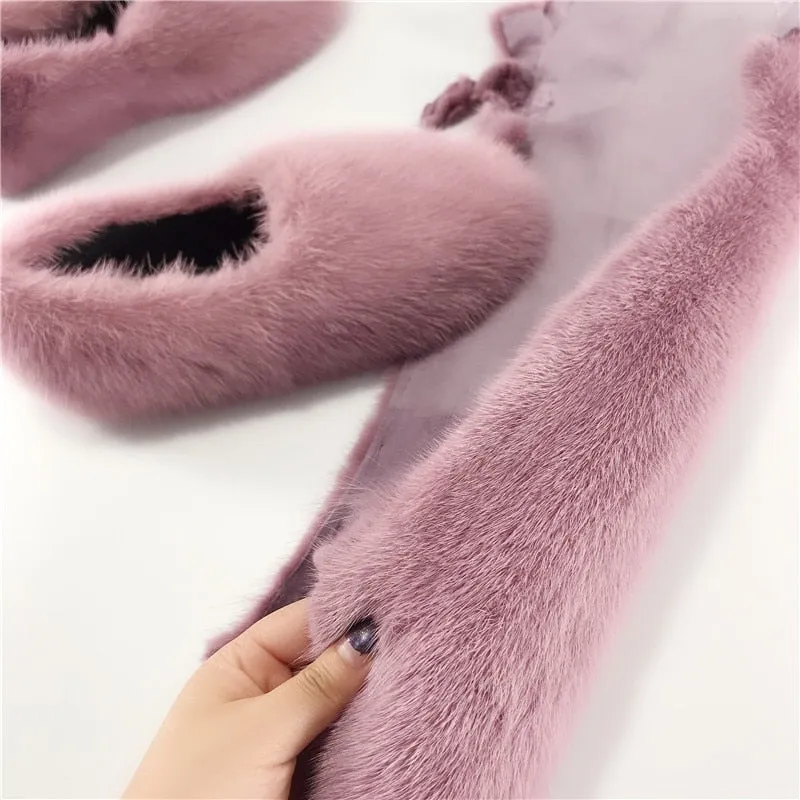 Women's Black Designer Warm Winter Fashion Fur Flat House Slippers