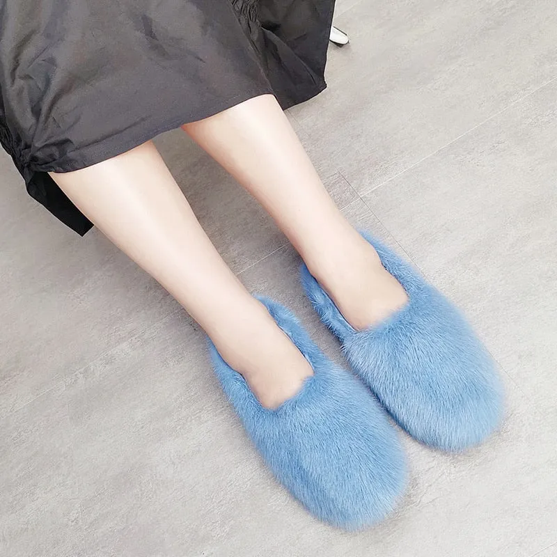 Women's Blue Designer Warm Winter Fashion Fur Flat House Slippers