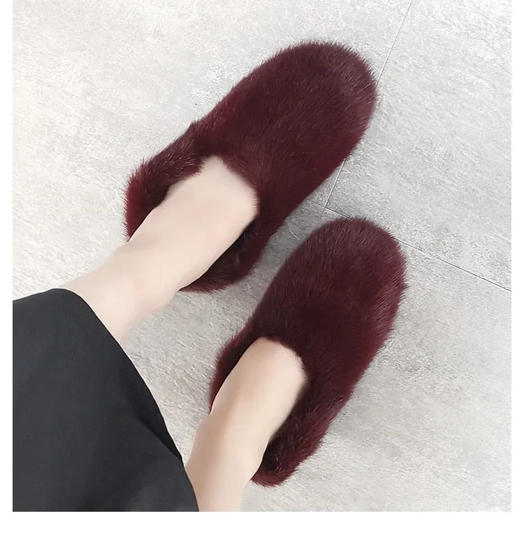 Women's Brown Designer Warm Winter Fashion Fur Flat House Slippers