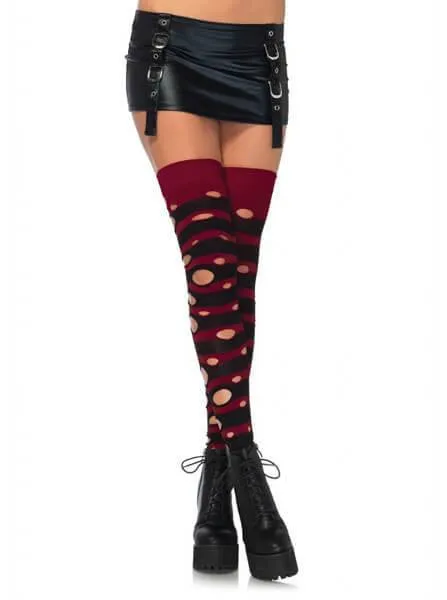 Women's Distressed Striped Thigh High Socks