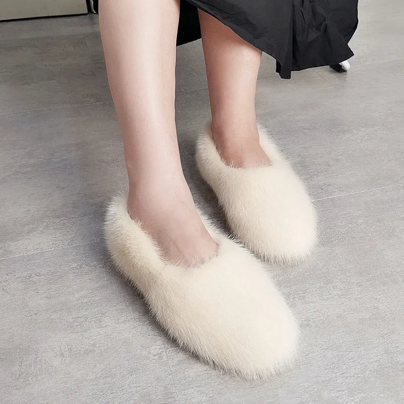 Women's Fashion Beige Round Toe Mink Designer Fur House Slippers