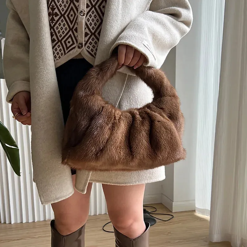 Women's Fashion Luxury Full-pelt Mink Fur Solid Pattern Wrist Handbag