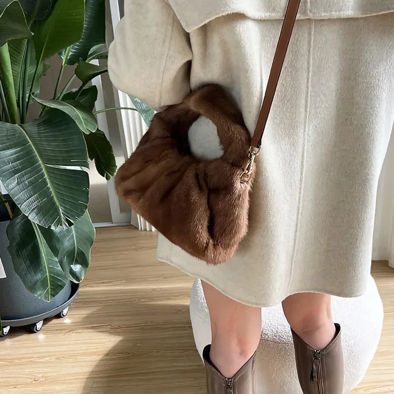 Women's Fashion Luxury Full-pelt Mink Fur Solid Pattern Wrist Handbag