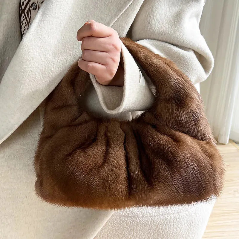 Women's Fashion Luxury Full-pelt Mink Fur Solid Pattern Wrist Handbag