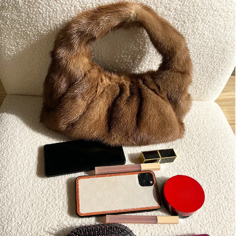 Women's Fashion Luxury Full-pelt Mink Fur Solid Pattern Wrist Handbag