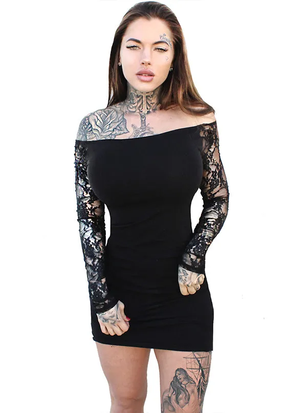 Women's Jersey & Lace Long Sleeve Mini Dress