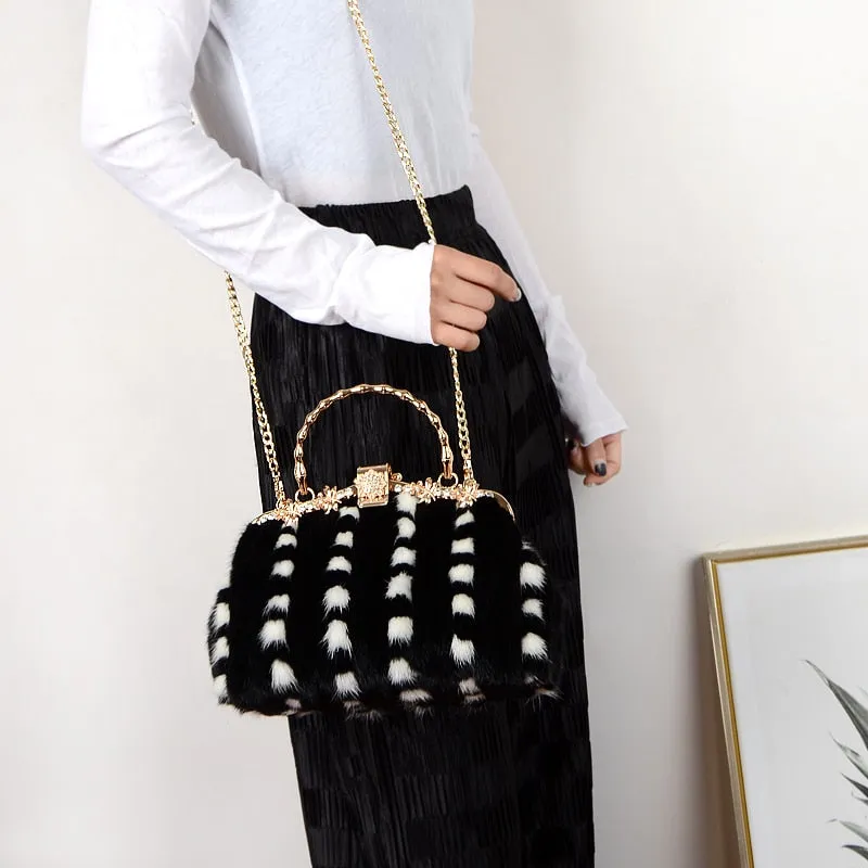 Women's Luxury Casual Mink Fur Buckle Chain Messenger Handbag for Party