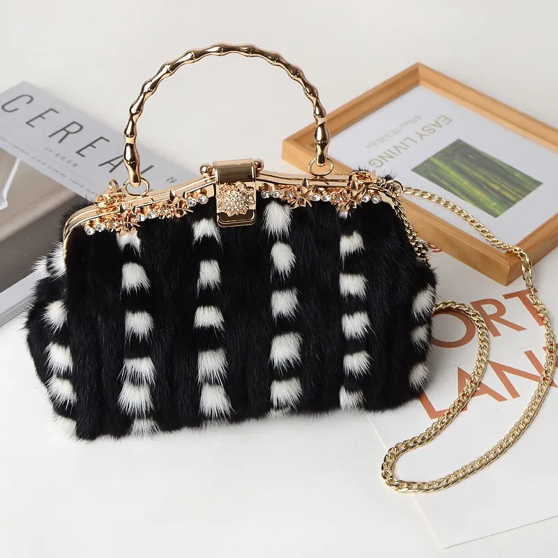 Women's Luxury Casual Mink Fur Buckle Chain Messenger Handbag for Party