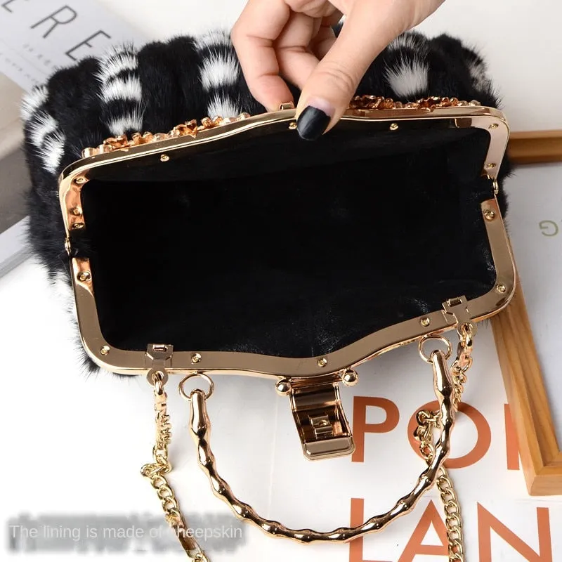 Women's Luxury Casual Mink Fur Buckle Chain Messenger Handbag for Party