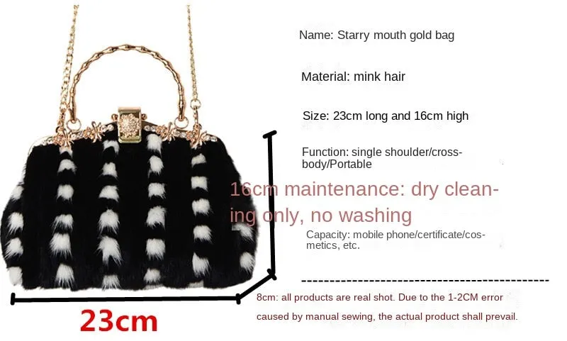 Women's Luxury Casual Mink Fur Buckle Chain Messenger Handbag for Party