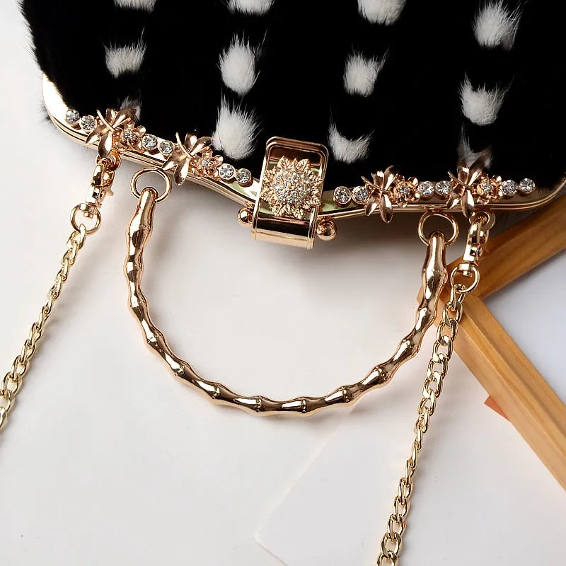 Women's Luxury Casual Mink Fur Buckle Chain Messenger Handbag for Party