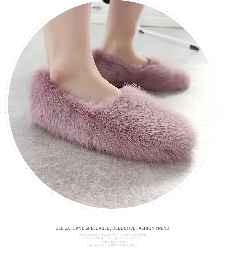 Women's Naked Pink Designer Warm Winter Fashion Fur Flat House Slippers