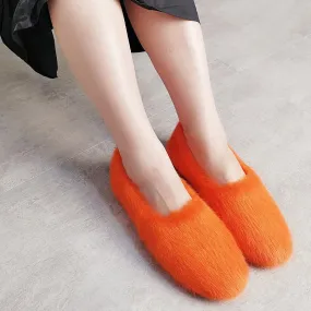 Women's Orange Designer Warm Winter Fashion Fur Flat House Slippers