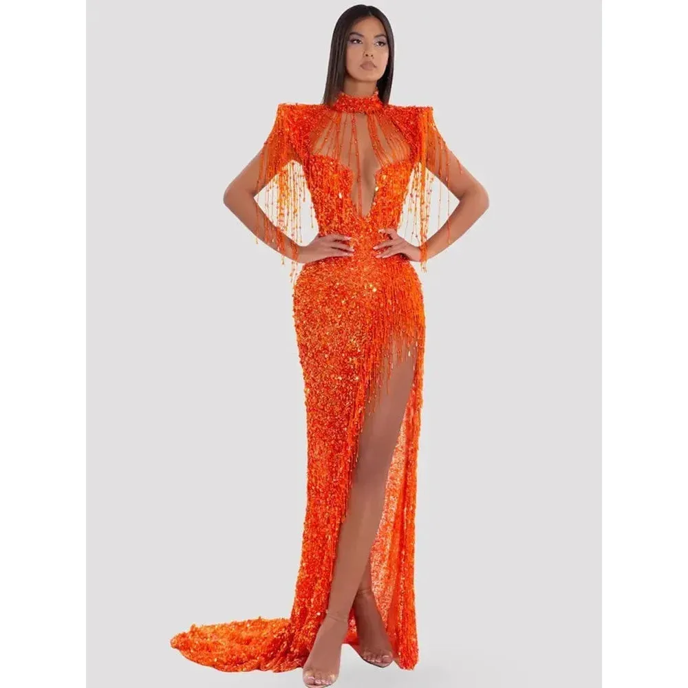 Women's Orange Luxury Sexy Mesh Short Sleeve Sequins Decor Long Dress