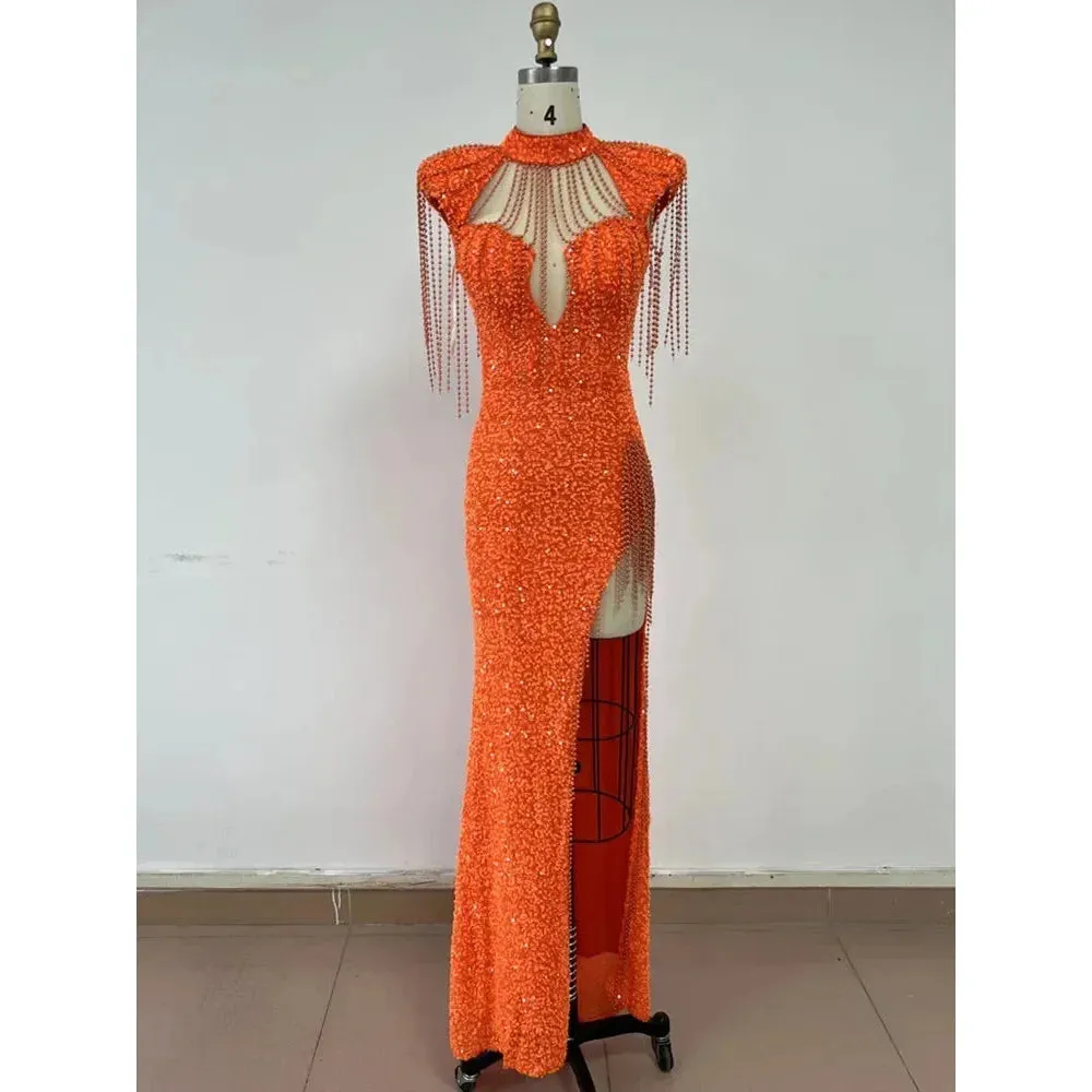 Women's Orange Luxury Sexy Mesh Short Sleeve Sequins Decor Long Dress