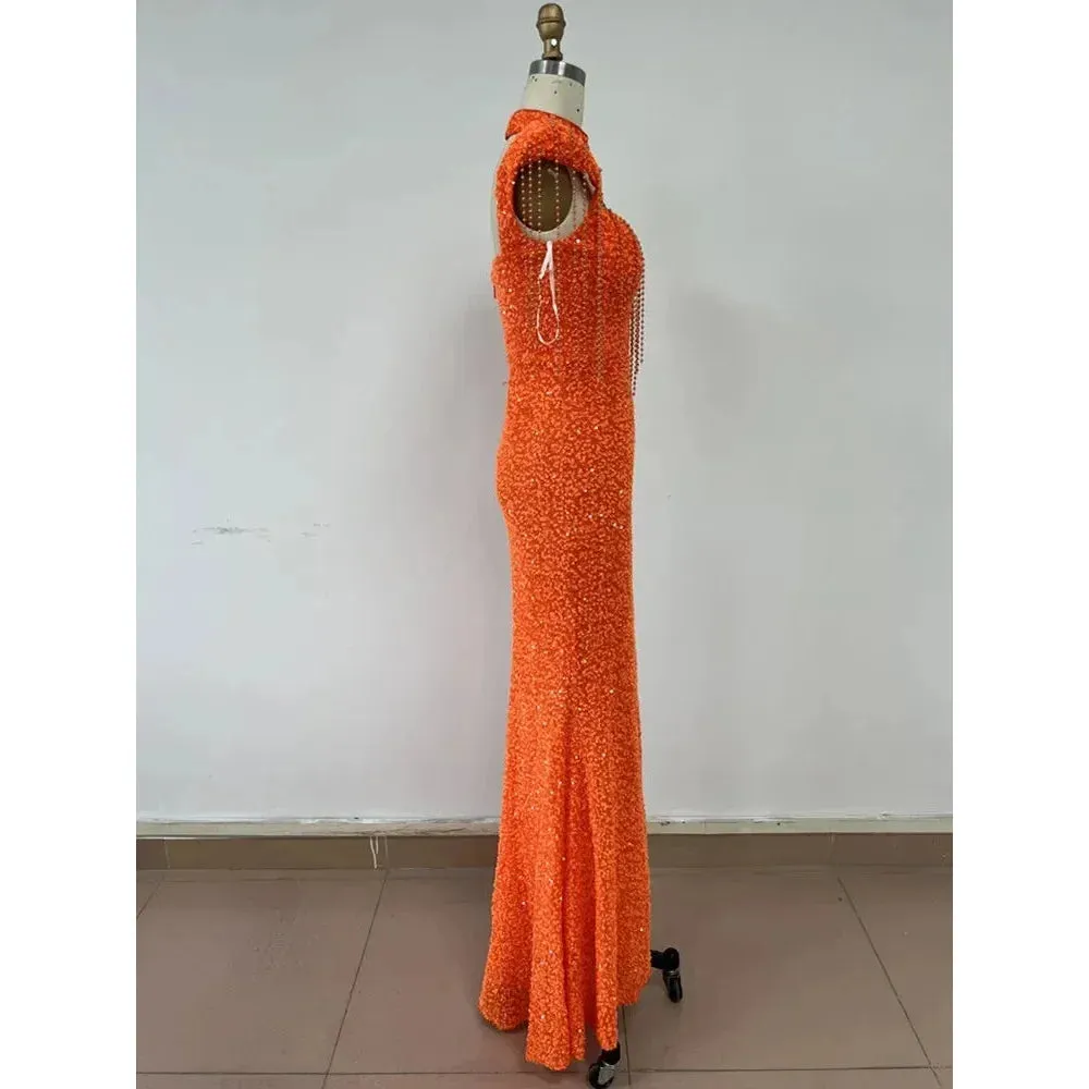 Women's Orange Luxury Sexy Mesh Short Sleeve Sequins Decor Long Dress