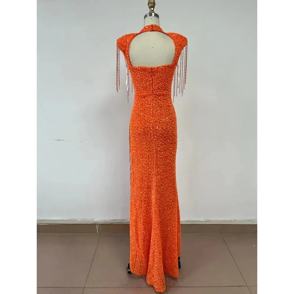 Women's Orange Luxury Sexy Mesh Short Sleeve Sequins Decor Long Dress