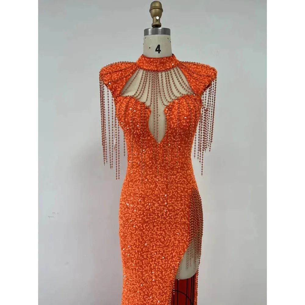 Women's Orange Luxury Sexy Mesh Short Sleeve Sequins Decor Long Dress