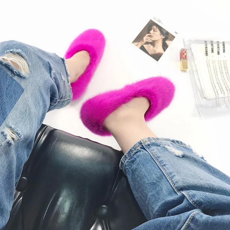 Women's Rose Pink Designer Warm Winter Fashion Fur House Slippers