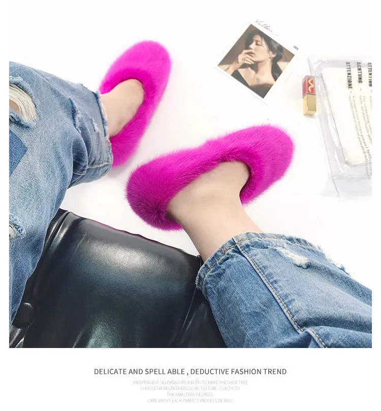 Women's Rose Pink Designer Warm Winter Fashion Fur House Slippers