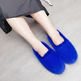 Women's Royal Blue Designer Warm Winter Fashion Fur House Slippers