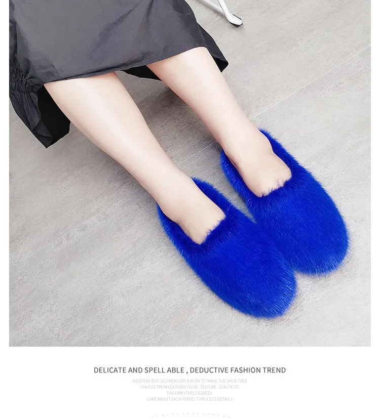 Women's Royal Blue Designer Warm Winter Fashion Fur House Slippers