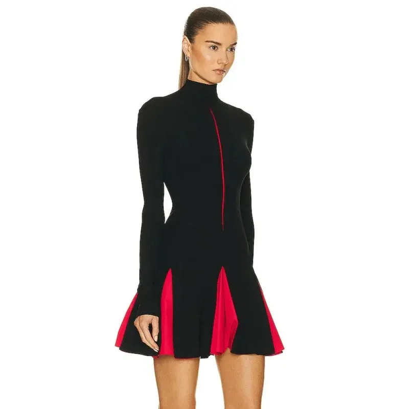 Women's Sexy High Neck Long Sleeve Bandage Pleated Mini Bodycon Dress