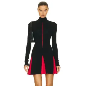 Women's Sexy High Neck Long Sleeve Bandage Pleated Mini Bodycon Dress