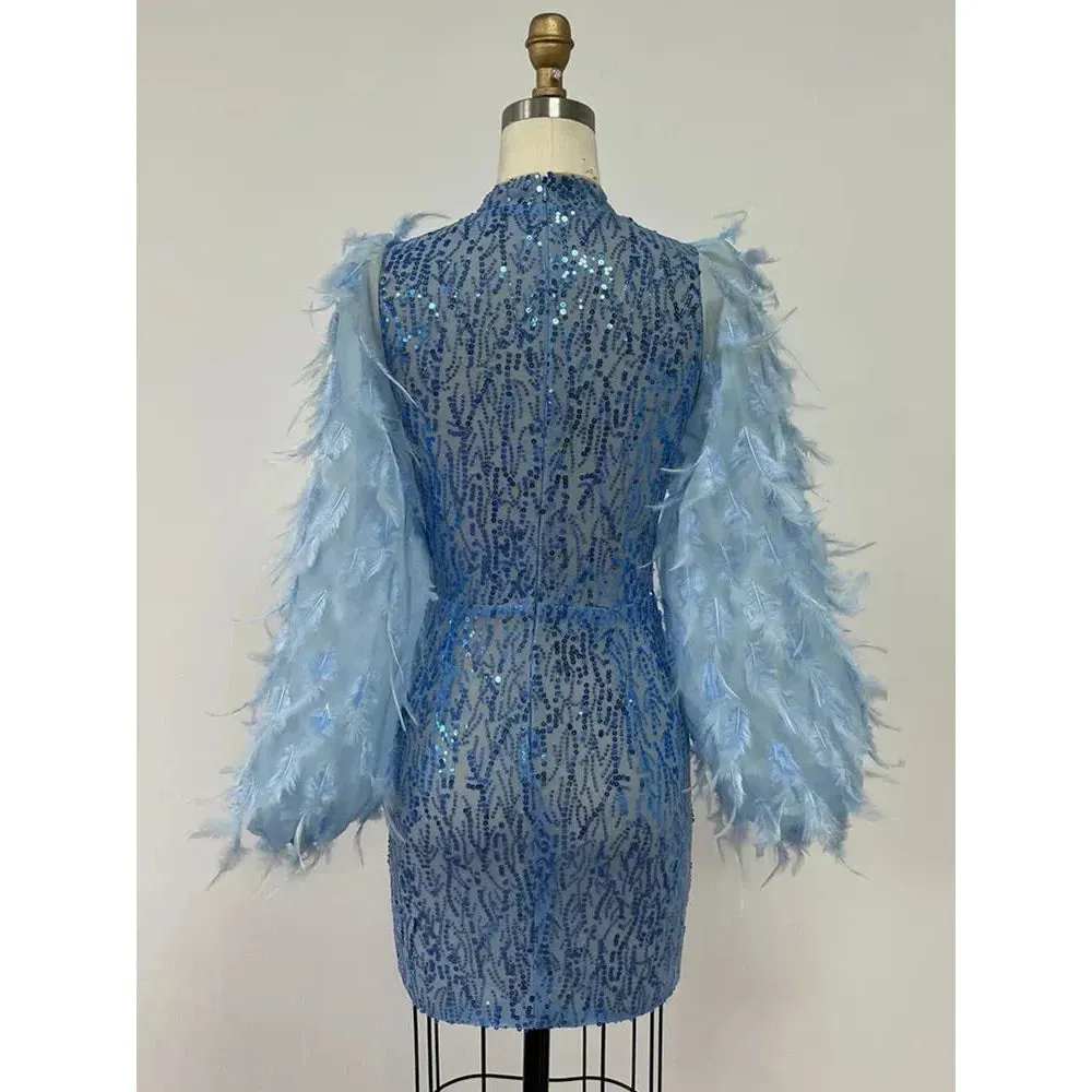 Women's Sexy Mesh Sequins Feathers Decor Long Sleeve Mini Dress