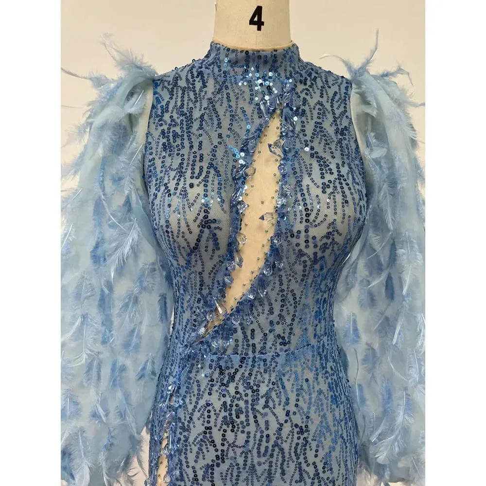 Women's Sexy Mesh Sequins Feathers Decor Long Sleeve Mini Dress