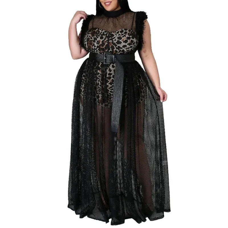 Women's Sexy Sheer Mesh Leopard Lining Transparent Party Maxi Dress