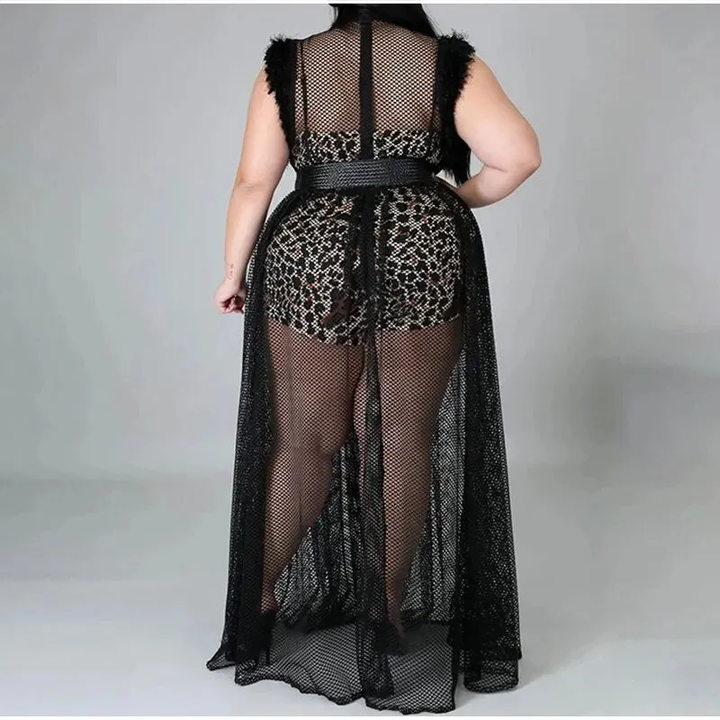 Women's Sexy Sheer Mesh Leopard Lining Transparent Party Maxi Dress