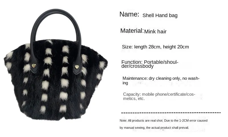 Women's Trendy Mink Fur Shell Shape Plaid Plush Shoulder Handbag