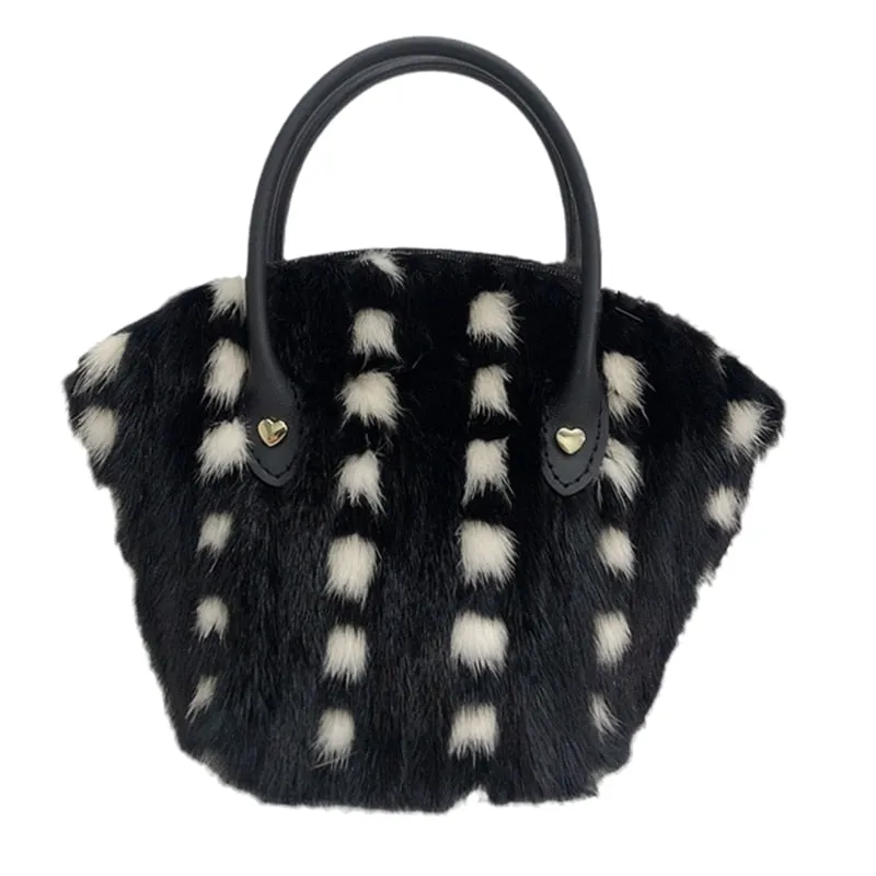 Women's Trendy Mink Fur Shell Shape Plaid Plush Shoulder Handbag