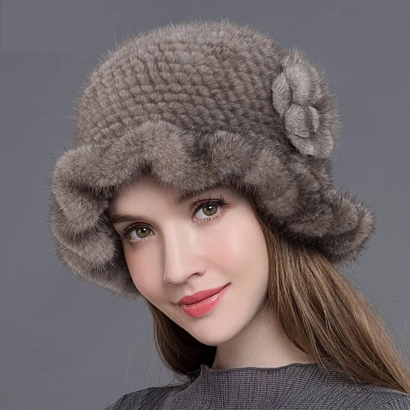 Women's Winter Casual Natural Mink Fur Floral Knitted Fedoras Hat