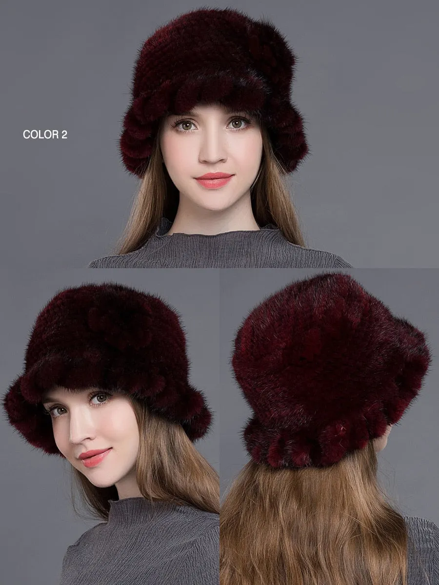 Women's Winter Casual Natural Mink Fur Floral Knitted Fedoras Hat