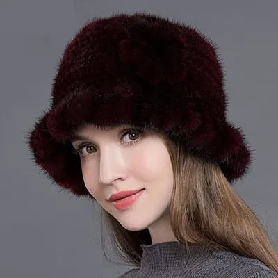 Women's Winter Casual Natural Mink Fur Floral Knitted Fedoras Hat