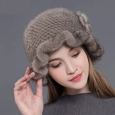 Women's Winter Casual Natural Mink Fur Floral Knitted Fedoras Hat